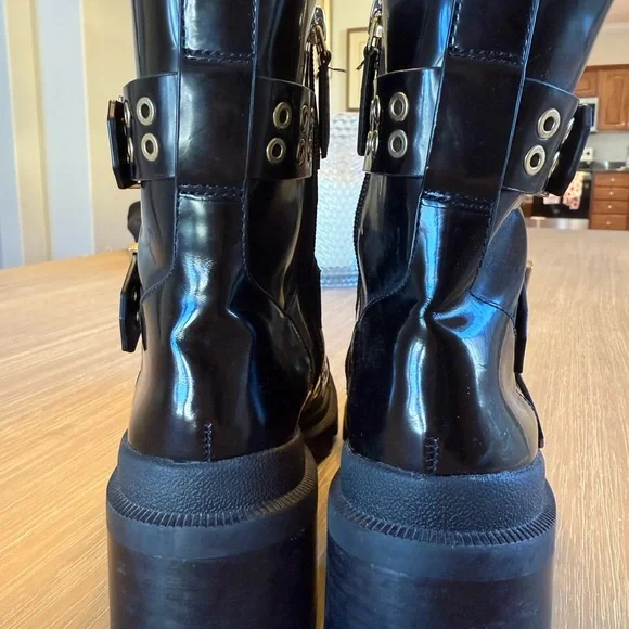 Alice + Olivia Black Moto Boots with Gold Buckles - Picture 3 of 7